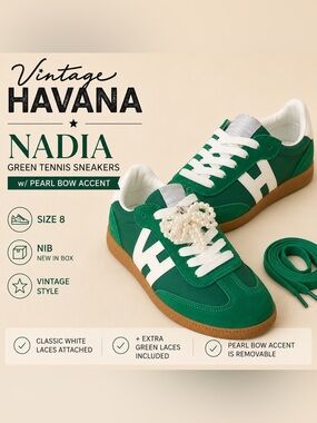 Vintage Havana Nadia Green Tennis Sneakers w/ Pearl Bow Accent Size 8 NIB